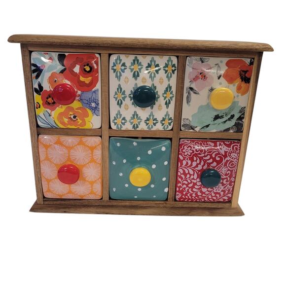 Pioneer Woman Ceramic Floral 6-Drawer Spice Tea Box Holder -Natural Wood - Picture 1 of 12